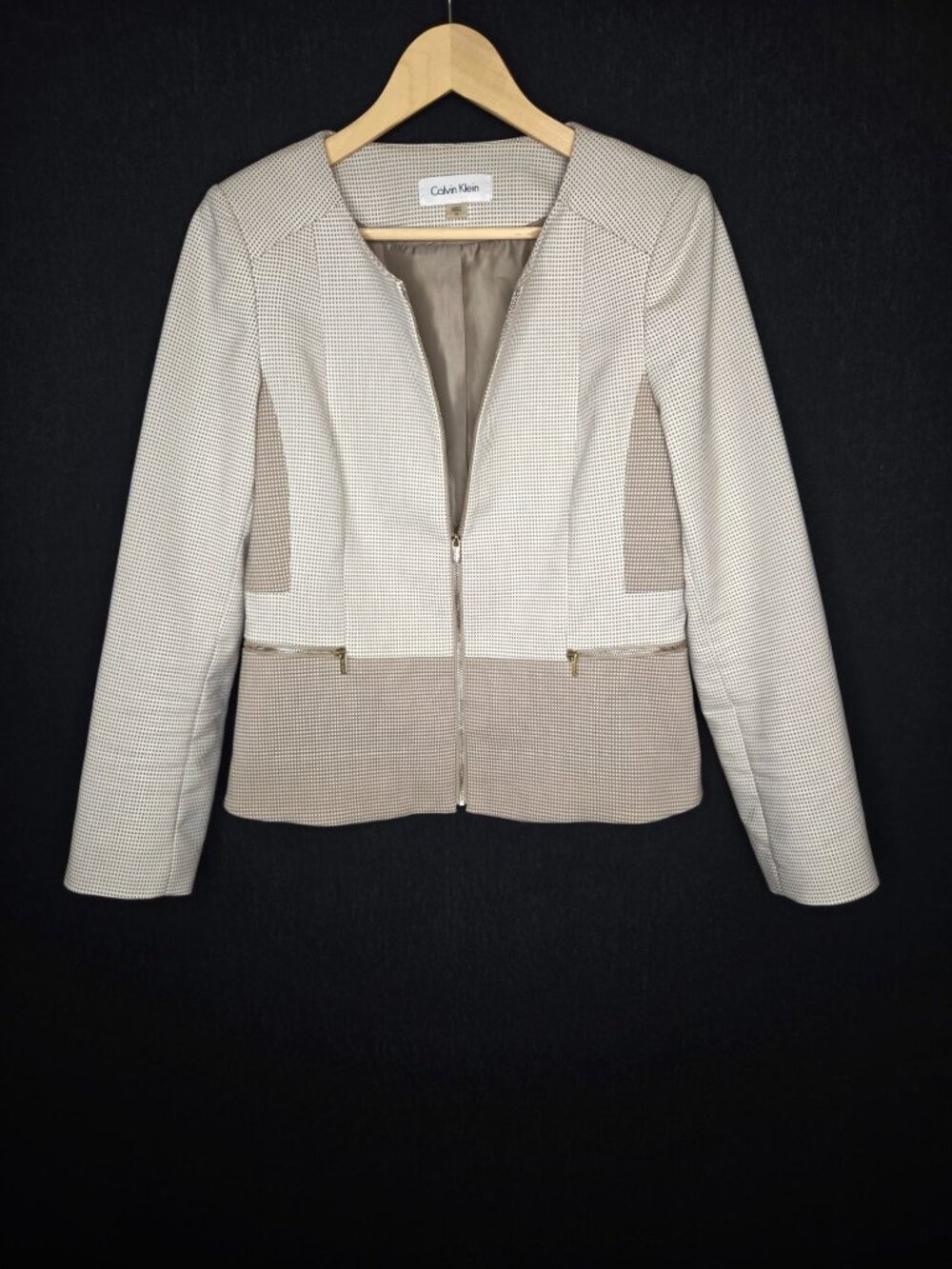 💙 Calvin Klein Beige Ivory Colorblock Zip Front Size 12 Jacket Blazer Preppy